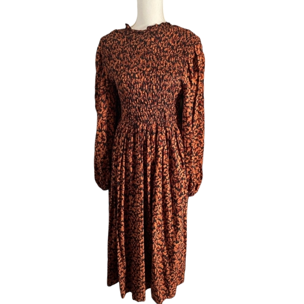 Smocked 3/4 Sleeve Black & Brown Prairie Midi Dress EUC Size S